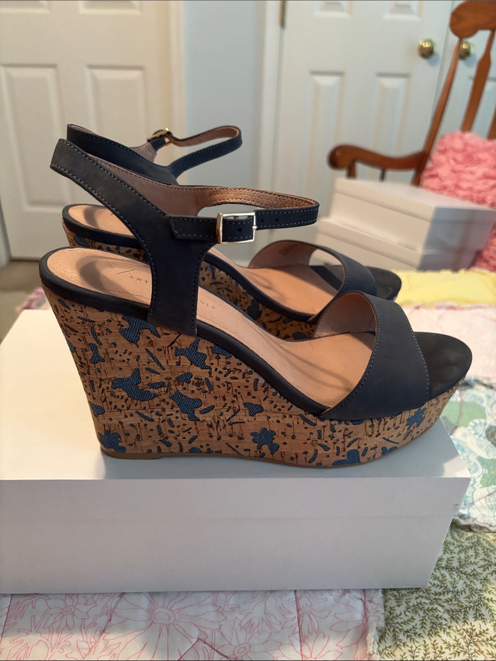 Anthropologie Blue Suede Platform Wedge Sandals with Patterned Cork Heel